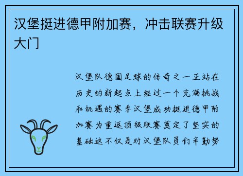 汉堡挺进德甲附加赛，冲击联赛升级大门