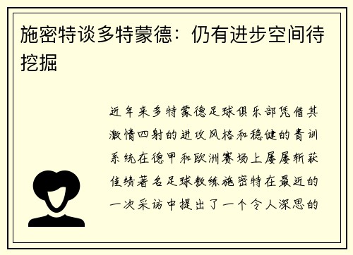 施密特谈多特蒙德：仍有进步空间待挖掘