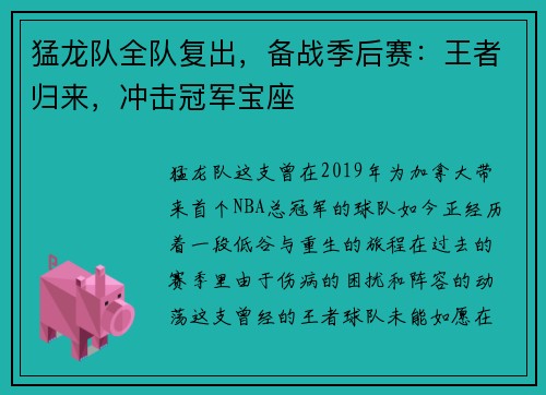 猛龙队全队复出，备战季后赛：王者归来，冲击冠军宝座